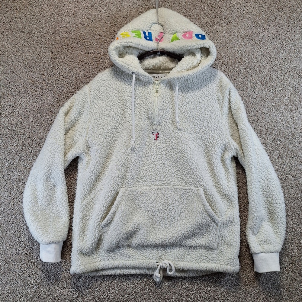 Teddy Fresh Hoodie Womens XS White Sherpa Quarter Zip Pullover Fleece Cozy
